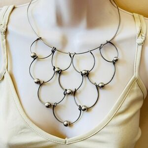 70s Loop Necklace VTG Statement Cascading Bib Silver Plated Runway Modernist MCM